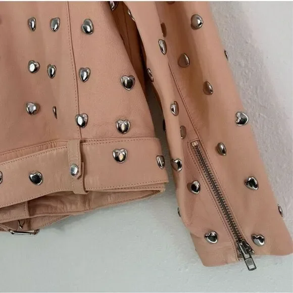 Lovers + friends pink studded heart moto leather jacket size S - Picture 16 of 16